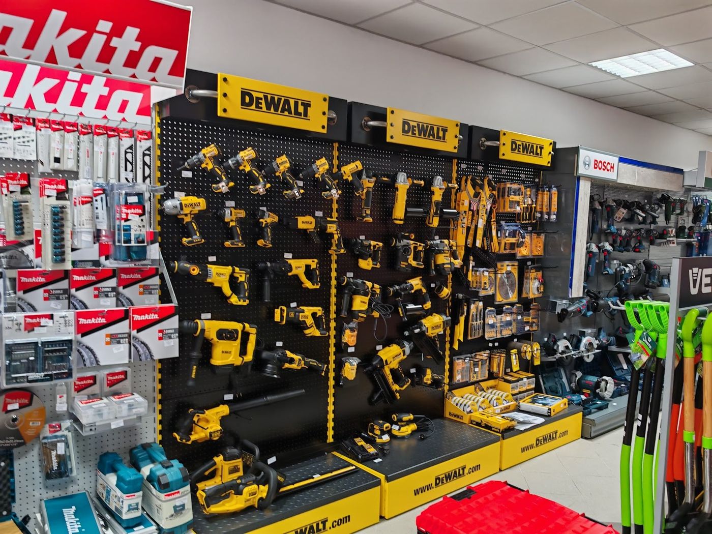 DeWalt and Makita power tool wall in the Majstoralata showroom, Osijek